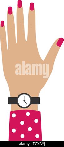 Caucasus female hand with a clock. Pink manicure. Flat cartoon style vector illustration Stock Vector