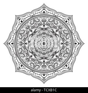 Mandala round ornament, circled element for design. Black and white flower pattern isolated on white background. Hand drawn. Vector illustration. Stock Vector