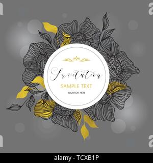 Invitation and greeting card with hand drawn flowers and leaves. Stock Vector