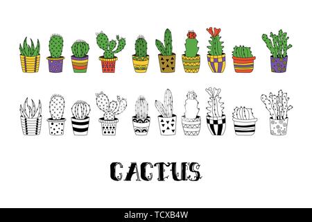 Cute hand drawn vector cactuses in Flower pots. Stock Vector