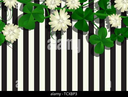 Clover leaves and flowers  over a striped background Stock Vector