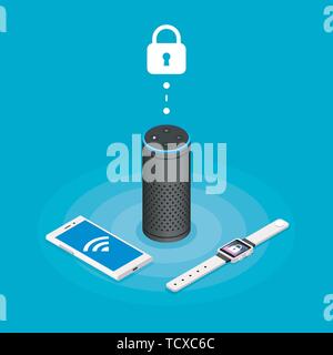 Security Internet of things isometric composition on turquoise background with assistant speaker, smartphone and watch vector illustration Stock Vector