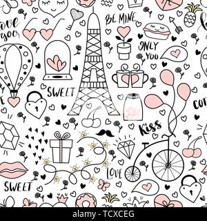 Seamless pattern with hand drawn objects for Valentines day. Paris. Love symbols. Stock Vector