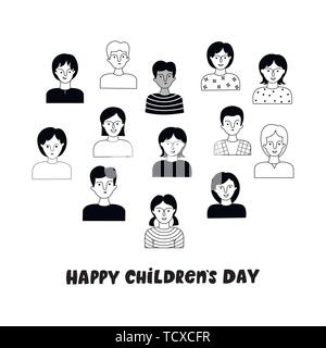 Happy Children day poster with boys and girls. Vector hand drawn illustration. Doodle style. Stock Vector