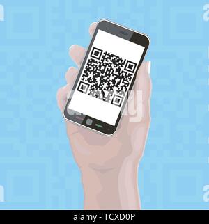 Hand holding Cellphone with fictitious QR Code Layered EPS10 Stock Vector