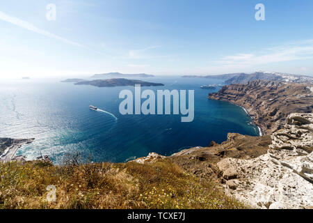 Picturesque view of the city of Santorini. White buildings, sea, mountains. Romantic vacation by the sea Stock Photo