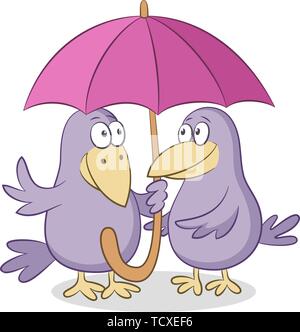 Cartoon Birds, Crows Friends Chatting Under a Pink Umbrella, Isolated on White Background. Vector Stock Vector