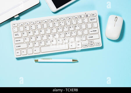 Office desk with keyboard,  succulent and pen on blue background.  Stock Photo