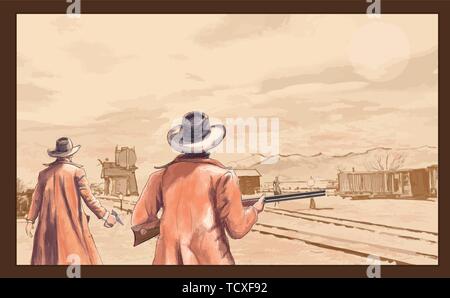 Cowboys with weapons in the wild west - vector illustration Stock Vector