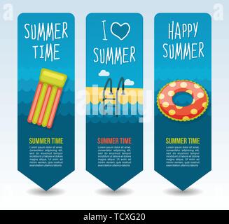 Inflatable beach mattress, swimming circle and ladder swimming pool . Summer Travel and vacation vector banners. Summertime. Holiday Stock Vector
