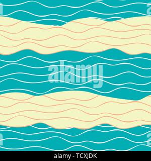 Vibrant abstract sandy beach and white doodle ocean waves. Seamless horizontal geometric vector pattern on blue background. Great for wellness, spa Stock Vector