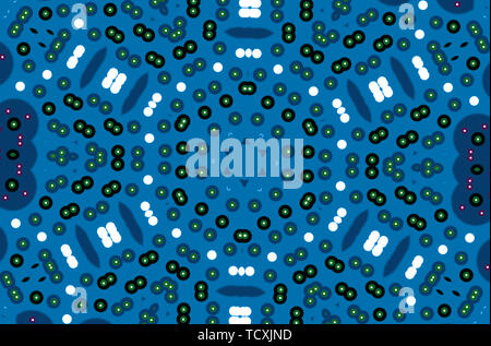 Blue kaleidoscope background with white and black circles and spots.Futuristic design. Stock Photo