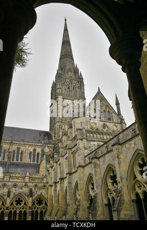 The South facing side of Salisbury Cathedral tower and spire, where peregrine falcons are nesting. Stock Photo