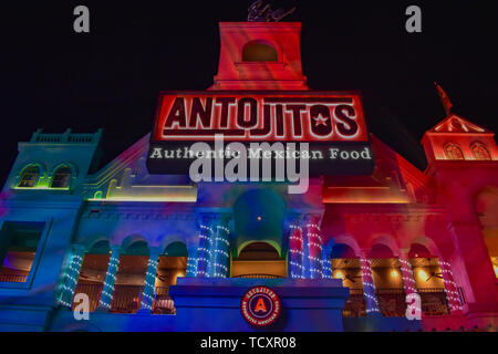 Orlando, Florida. February 05, 2019.  Top view of colorful and colonial restaurant at Universal Studios area. Stock Photo