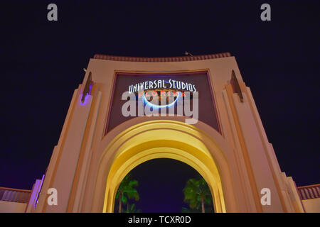 Orlando, Florida. February 05, 2019.  Top view of Universal Studios arch at night in  Universal Studios area (2) Stock Photo