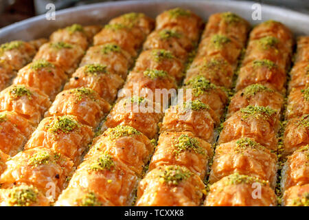 Traditional Turkish sweets baklava at the open buffet in a hotel in Turkey Stock Photo