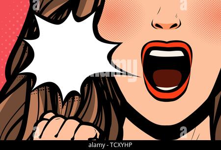Beautiful girl or young woman screaming. Pop art retro comic style. Cartoon vector illustration Stock Vector