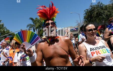 Participants at the LA Pride Parade in West Hollywood, California. The 49th annual gay pride parade includes a music festival and a parade that draws large crowds. Stock Photo