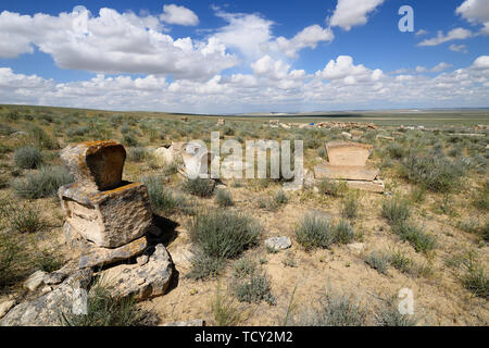 Kazakhstan, Old gravestone on the necropolises in Shopan Ata, Mangystau province Stock Photo