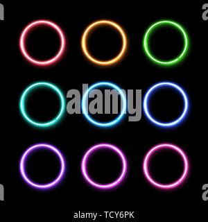 Colorful neon light ring set. Circles background. Stock Vector