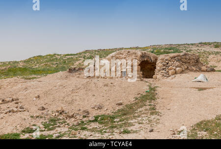 donkey in front of stone built house inhabited by Bedouin Stock Photo