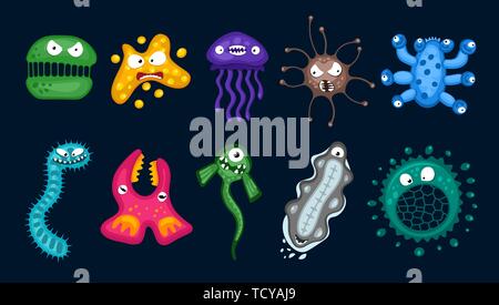 Various microorganisms virus vector cartoon bacteria germ emoticon character set. Bacterial ilness infection microbiology illustration. Microbe organi Stock Vector