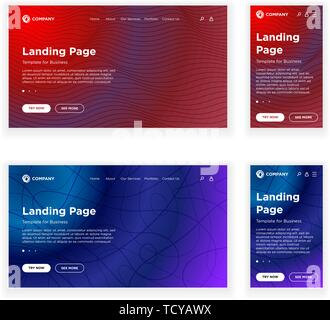 Landing page blank template desktop PC and mobile adaptive version set. Minimal geometric background. Dynamic simple volume lines composition. Vector  Stock Vector