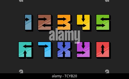 Numbers colourful set in 3d retro vintage style with arrows trendy typography consisiting of 1 2 3 4 5 6 7 8 9 0 for poster design or greeting card. V Stock Vector