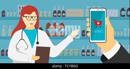 Hand holding smartphone near pharmacist doctor woman in glasses. Online pharmacy mobile app concept. Pay button on screen for medicine online payment  Stock Vector