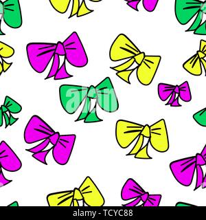Cute seamless pattern with hand-drawn colorful bows on white isolated background. Vector illustration of Doodle. Fabric design, Wallpaper, packaging Stock Vector