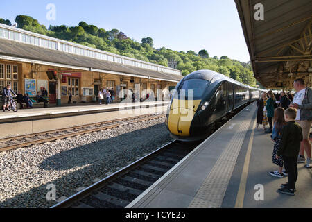 A GWR train (Great Western Railway) arriving at Bath Spa railway station, Bath Somerset England UK Stock Photo