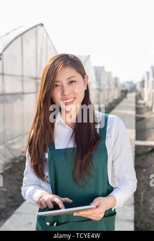 young beautiful asian woman works in green field Stock Photo