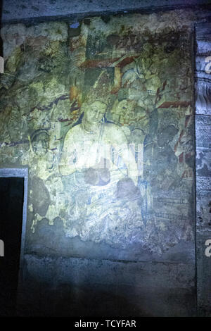 Painting and frescoes of The Bodhisattva of compassion Padmapani with lotus in Cave 1, Ajanta Caves, Aurangabad District, Maharashtra State, India Stock Photo
