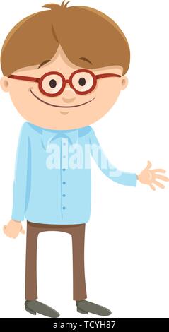 Cartoon Illustration of Happy Elementary Age or Teen Boy Character with Glasses Stock Vector