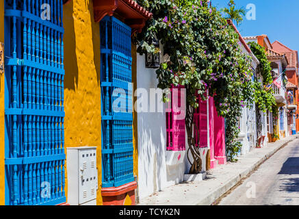 Colorful streets of Getsemani aera of Cartagena de los indias Bolivar in Colombia South America Stock Photo