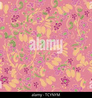 Flower pattern. Seamless design for wallpaper in doodle style. Yellow outlines on a pink background. Abstract natural ornament for textiles. Light Stock Vector