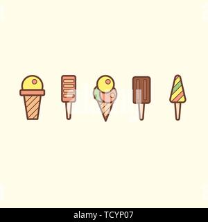 Ice cream doodle set with different types ice cream waffle cone, cup ice cream, popsicle, sundae. Sketch style Hand drawn vector illustration for cafe Stock Vector