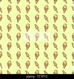Doodle ice cream and fruit ice seamless pattern. pistachio color background. Great for yummy summer dessert wallpaper, backgrounds, packaging, fabric Stock Vector