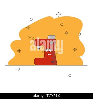 Cartoon Sleepy Coffee Maker kitchen appliances. Funny character. A red and gray Coffee Maker with eyes on a yellow background is working. icon, symbol Stock Vector