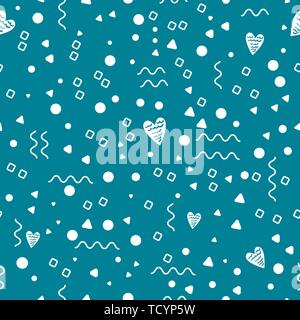 Seamless Memphis Background. Abstract Texture with Lines Points Triangles Heart and Geometric Figures for Dress fabric Curtain Tablecloth. Trendy Stock Vector