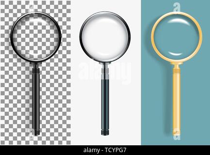 Realistic illustration magnifying glass of different colors. Stock Vector