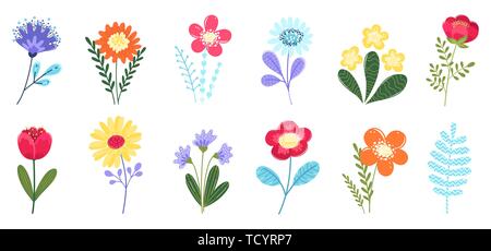 Collection of funny cartoon flower icons isolated on white background. Cute flat vector illustrations in bright colors. Stock Vector