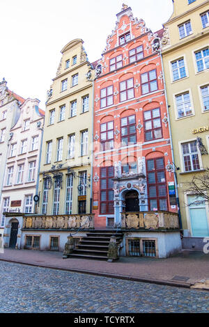 Gdansk, Poland - February 06, 2019: Facades of decorative medieval tenement houses on Piwna street in Gdansk Poland Stock Photo