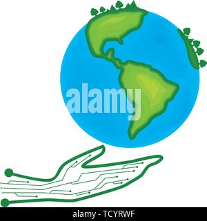 Hand save the world earth plant tree water ecology life environment by technology knowledge abstract idea isolated white background Stock Vector