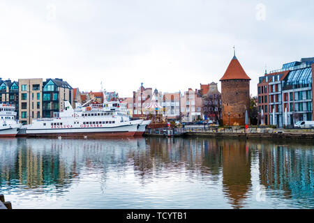Gdansk, Poland - February 06, 2019: View to historical waterfront of Gdansk's Main Town on the Motlawa River. Gdansk, Poland Stock Photo