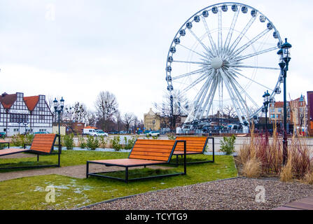 Gdansk, Poland - February 06, 2019: The big ferris wheel at waterside in Motlawa River in Gdansk, Poland Stock Photo