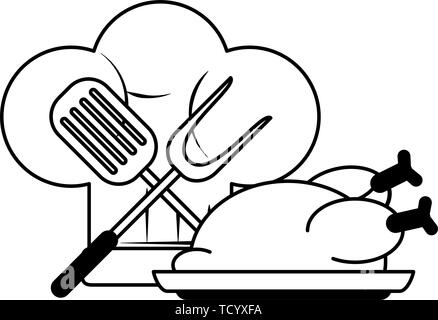 restaurant food and cuisine cartoons in black and white Stock Vector