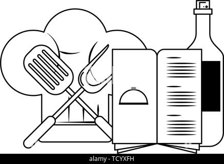 restaurant food and cuisine cartoons in black and white Stock Vector