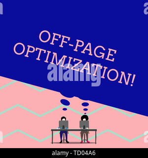 Word writing text Off Page Optimization. Business photo showcasing Website External Process Promotional Method Ranking Man with purple trousers sit on Stock Photo