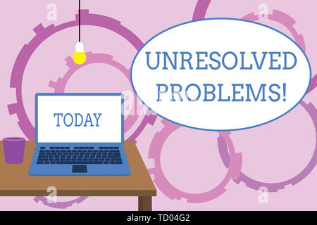 Word writing text Unresolved Problems. Business photo showcasing those Queries no one can answer Unanswerable Questions Front view open laptop lying o Stock Photo